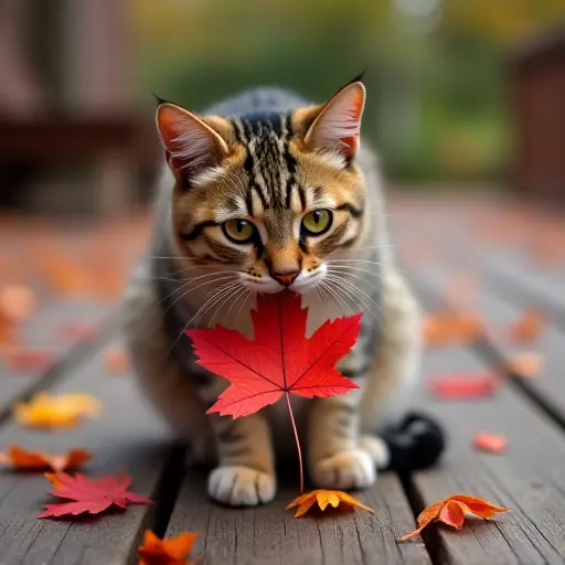 A tabby cat playing with a vibrant red maple leaf on a rustic wooden deck, surrounded by scattered autumn foliage.