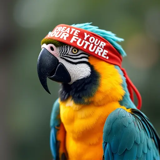 parrot, headband, slogan Create Your Future, forward-thinking style