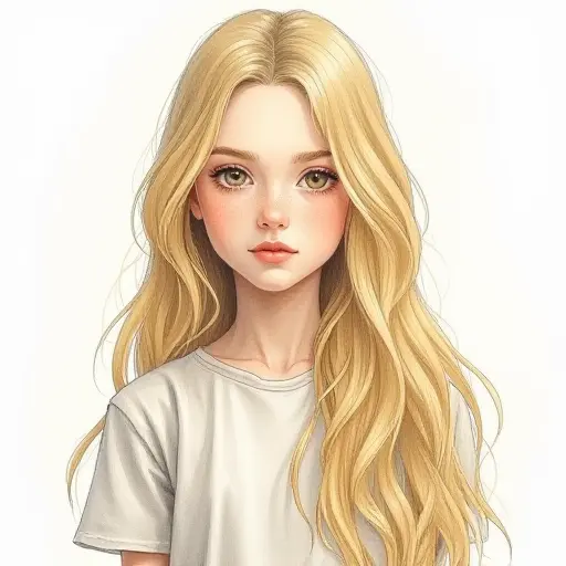 A girl with long, flowing blonde hair and pale skin, drawn in a detailed pencil sketch with soft watercolor touches.