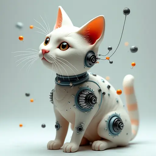 A cat avatar with an array of floating sensors and nodes attached to its body, representing a network of interconnected devices.