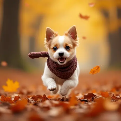 A small dog wearing a cozy scarf, running happily through a forest filled with colorful autumn leaves, with the leaves swirling around it as it chases after a drifting leaf.