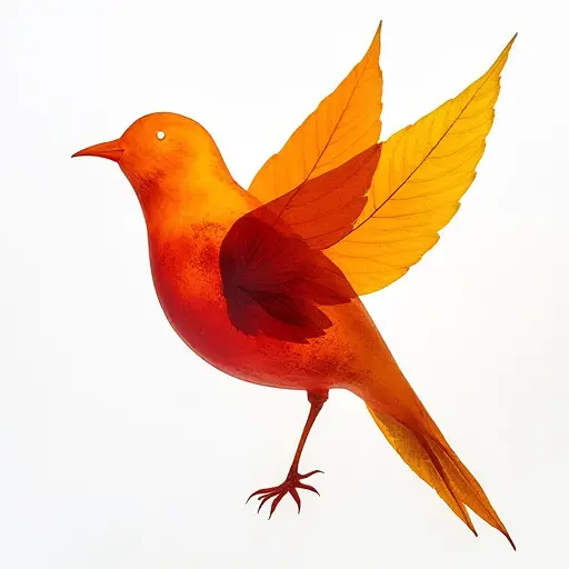 A bird made from falling autumn leaves, with the colors of orange, red, and yellow blending to form its delicate wings.