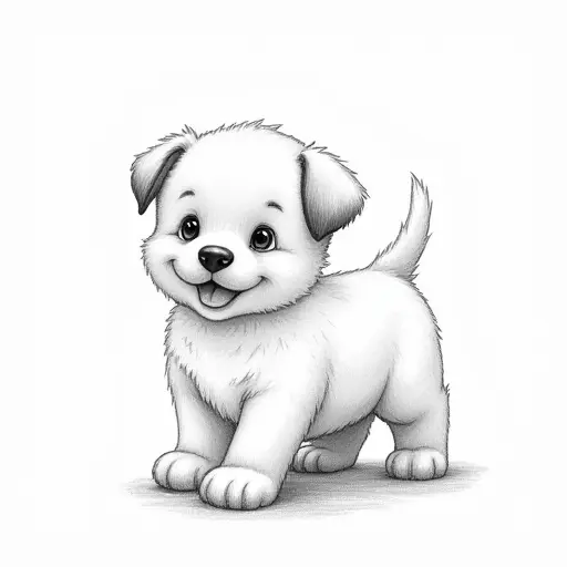 A puppy wagging its tail, sketched in soft pencil strokes with a joyful expression.