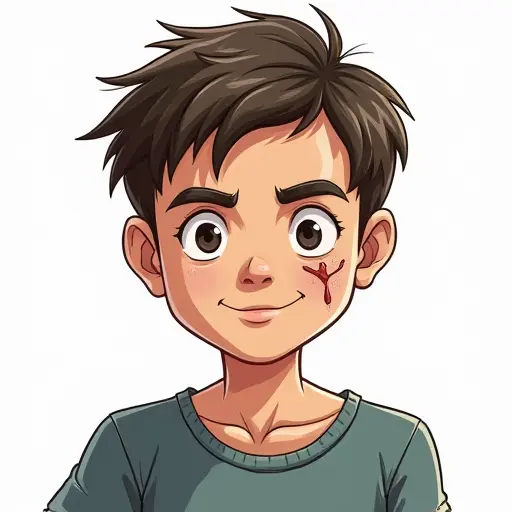 A boy with a scar on his cheek, drawn with clean lines and soft shading for a strong, heroic look.