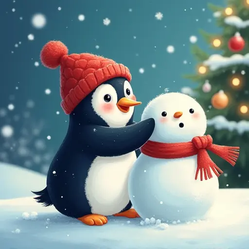 A cute penguin wearing a little red scarf, building a snowman in a winter wonderland, with a Christmas tree decorated with lights and snowflakes gently falling in the background.