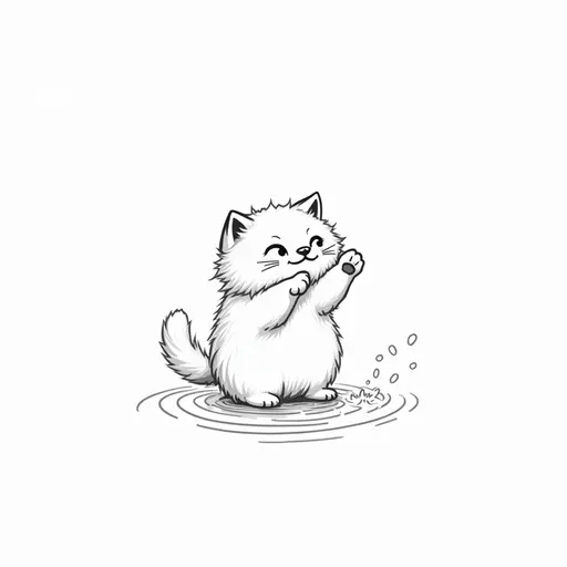 clean pencial outline sketch of A persian cat playfully splashing water with its paws, showing a mischievous expression.