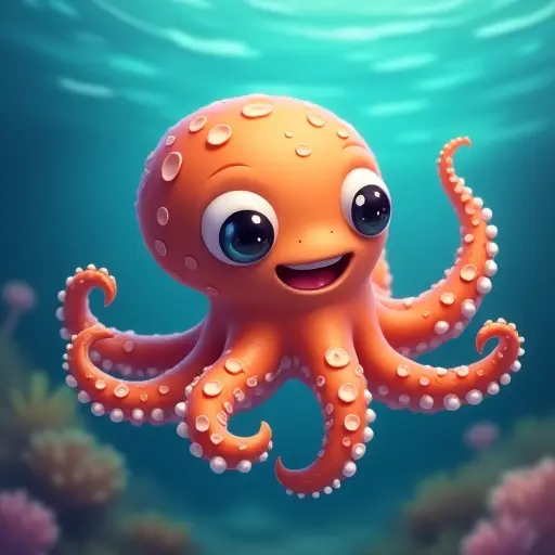 Cute octopus with round eyes, soft tentacles, and a playful expression underwater.