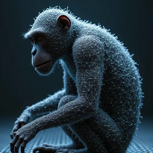 A monkey avatar with a mesh-like network covering its body, constantly shifting and reorganizing like a digital structure.