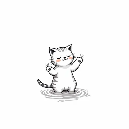 clean black and white hand-drawn outlines of A abyssinian cat playfully splashing water with its paws, showing a mischievous expression.