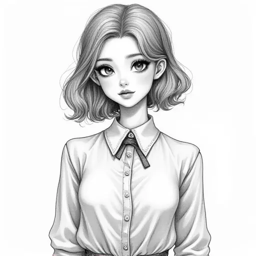 A girl with vintage-inspired clothing and hairstyle, sketched in fine pencil strokes with soft shading.