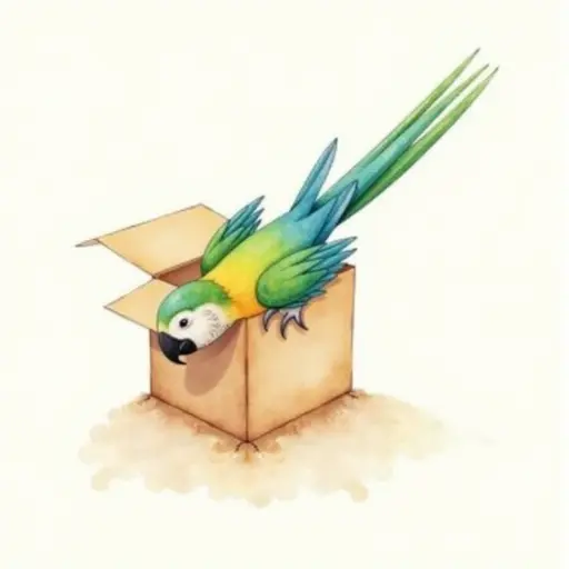 Watercolor style of The Parrot dives headfirst into the box, its tail swishing gently as it explores the surroundings.