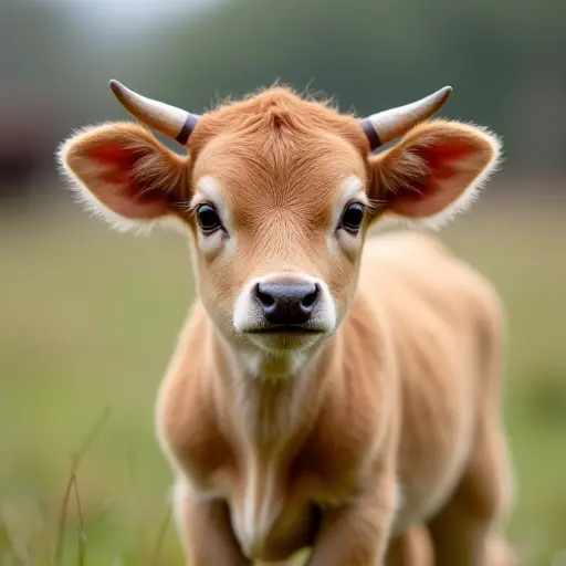 Cute calf with big brown eyes, small horns, and soft fur, standing in a field.