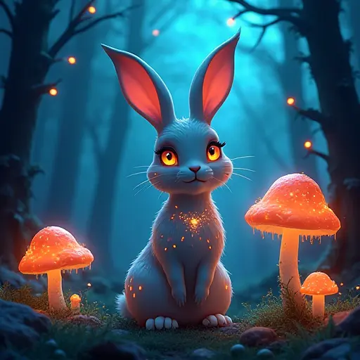 A mystical rabbit with glowing markings, surrounded by bioluminescent mushrooms and vines in a magical forest under moonlight.