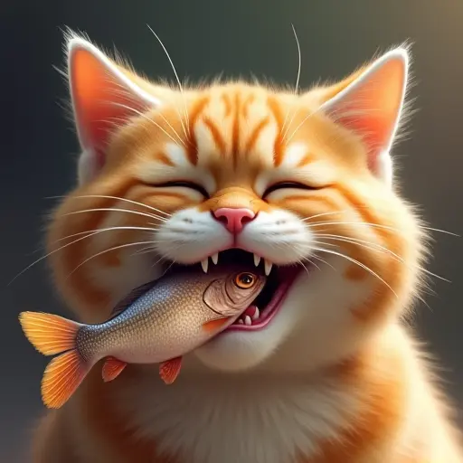 Cat with a fish in its mouth, smiling with a satisfied expression.