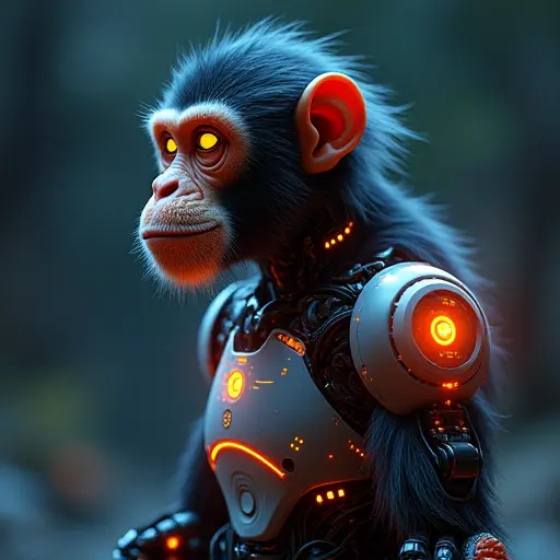 A monkey avatar designed with advanced robotic parts, glowing limbs, and an AI-like mind represented by digital lines.