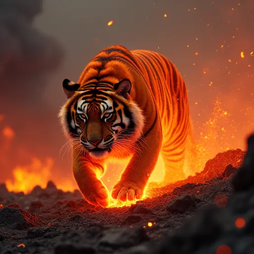 A tiger with stripes glowing like molten lava, prowling through a volcanic landscape with plumes of smoke and glowing embers floating in the air.