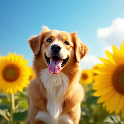 A cheerful dog sitting in a field of blooming sunflowers under a bright blue summer sky, its fur reflecting the warmth of sunlight.