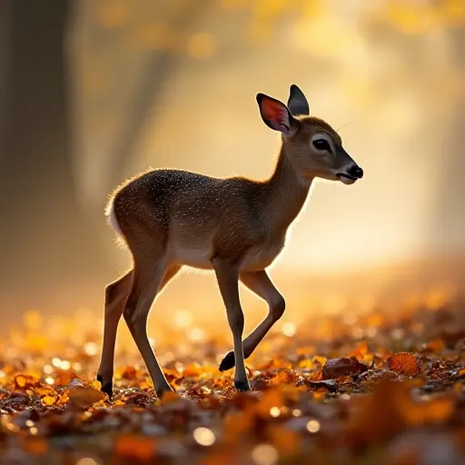 A young deer stepping carefully over a carpet of fallen autumn leaves, its hooves leaving delicate prints in the morning dew, while soft sunlight filters through the mist in the early morning.