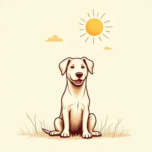 A dog under a sunny sky, sketched with simple lines and soft, warm tones.