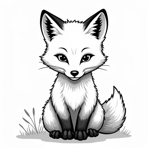 clean black and white hand-drawn outlines of a baby fox from the front view