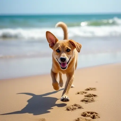 A playful dog running along a sunny beach, leaving paw prints in the sand as waves crash gently in the background.