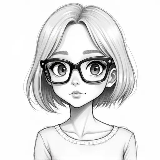 A girl with large glasses, short bobbed hair, sketched with clean pencil lines and soft shading.