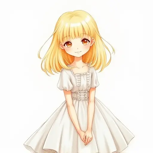 A girl with blonde hair wearing a dress, drawn in a light, soft pencil style with watercolor accents.