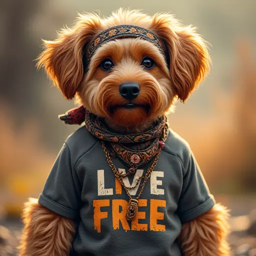 dog, T-shirt, slogan Live Free, bohemian style