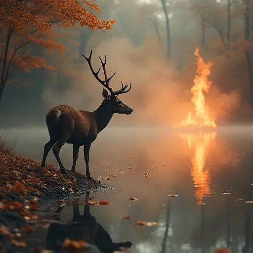 A young deer standing at the edge of a fantasy lake, its reflection dancing in the water, while autumn leaves drift down around it and mystical flames flicker across the surface of the water, creating a surreal and magical scene.