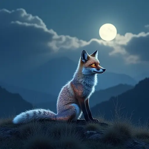 A fox with silvery fur glowing under a full moon, sitting quietly on a hill with rolling clouds and distant mountain peaks in the background.