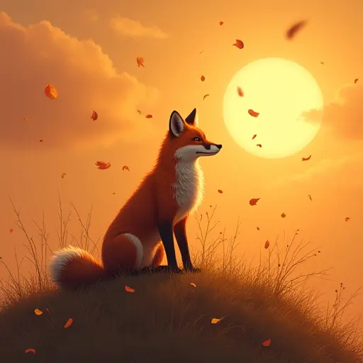 A fox sitting atop a windswept hill, its fur rippling in the breeze as petals and leaves swirl around it under a glowing orange sky.