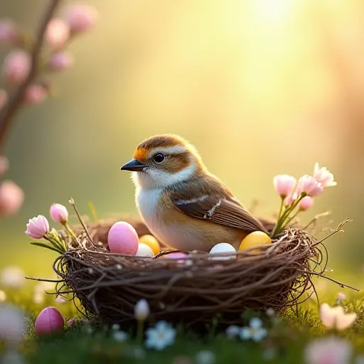 A small bird sitting in a cozy nest made of twigs, surrounded by blooming flowers and gentle spring breezes, welcoming the arrival of the Easter season.