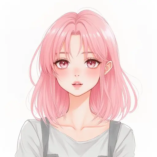 A girl with light pink hair, drawn in fine pencil lines with soft watercolor accents.