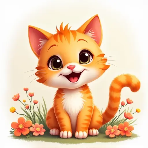 Happy cat with a wide grin, big eyes, and a playful tail, surrounded by flowers.