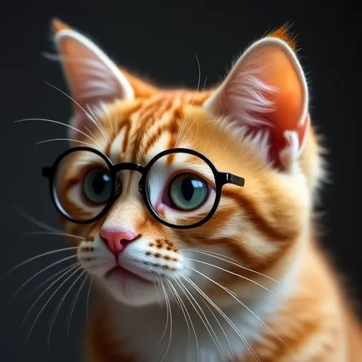 Cat wearing round glasses, looking studious with a thoughtful expression.