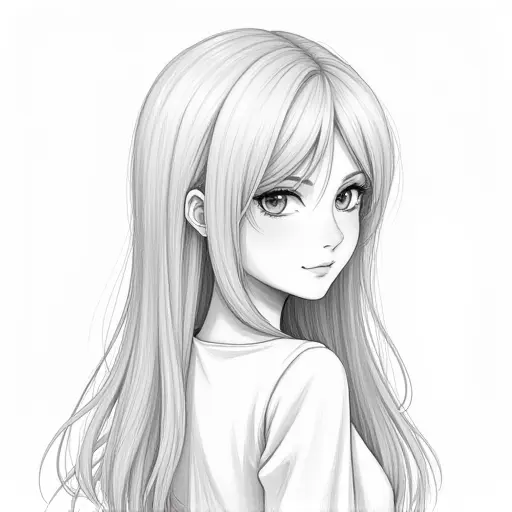 A girl with long, parted hair, drawn with fine pencil strokes and light shading.