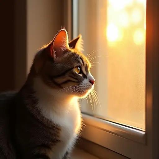 Cat sitting by the window, with the morning sun shining on its fur, looking peaceful.