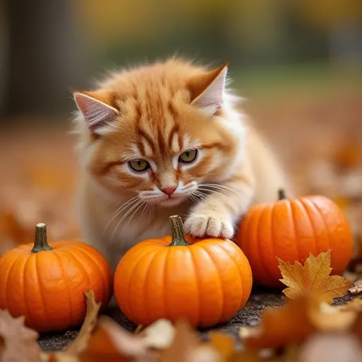 A cat playing with small pumpkins surrounded by a pile of fallen autumn leaves, with the warm golden and orange colors of fall blending with the bright orange pumpkins and the cat’s fluffy coat.