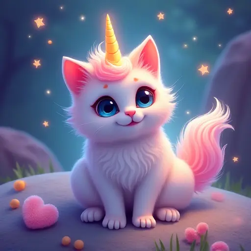 A magical unicorn-like cat with a glowing horn, pastel-colored fur, and sparkling stars floating around it in a whimsical fantasy setting.