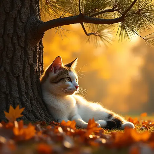 A cat resting under a tall golden pine tree in an autumn forest, its fur blending with the golden tones of the pine needles and fallen autumn leaves around it, as the sunlight filters through the tree branches.