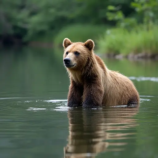 A bear standing in the middle of a tranquil lake, its reflection shimmering with the ripples and surrounded by lush greenery.