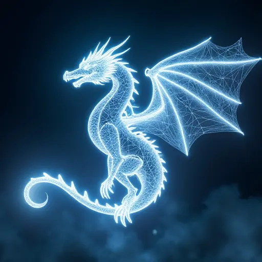 A dragon rendered as a virtual hologram, with a body made of interactive light beams and digital polygons. Its wings flicker like LED lights, and it emits an aura of energy as it flies through a futuristic digital sky.