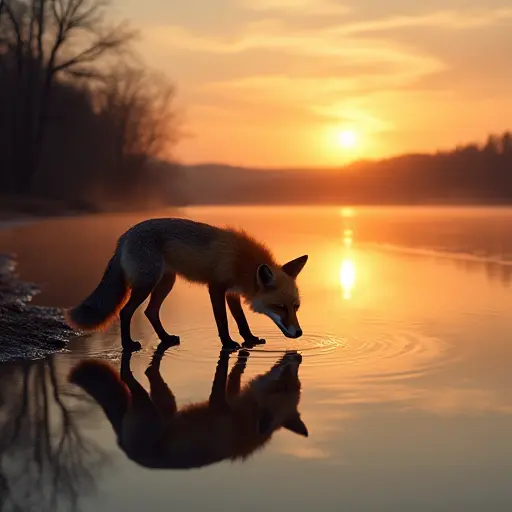 A fox drinking from a calm lake at sunset, its reflection shimmering in the water with trees lining the shore.