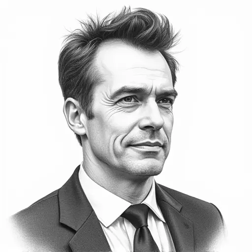 A man in a suit with neatly combed hair, drawn in realistic pencil shading with sharp, detailed lines.