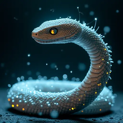 A snake avatar with digital sensors embedded into its body, emitting waves of information like a living data stream.