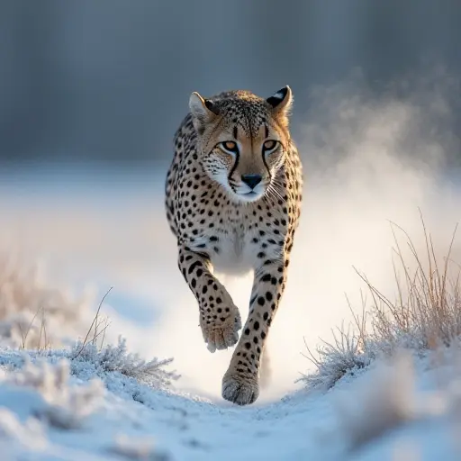 A cheetah running across a frost-covered field, its fur sleek and shining as it moves swiftly, with icy breath trailing in the cold air.