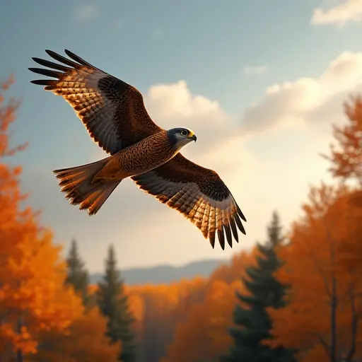 A falcon soaring through an autumn sky, with the wind ruffling its feathers, and the forest below painted with the brilliant colors of fall leaves.