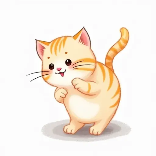 A cat playfully swinging its tail, drawn in a whimsical sketch style with soft, pastel colors.