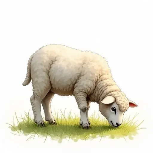 A fluffy lamb grazing on the grass, sketched with light pencil strokes and soft watercolor touches.