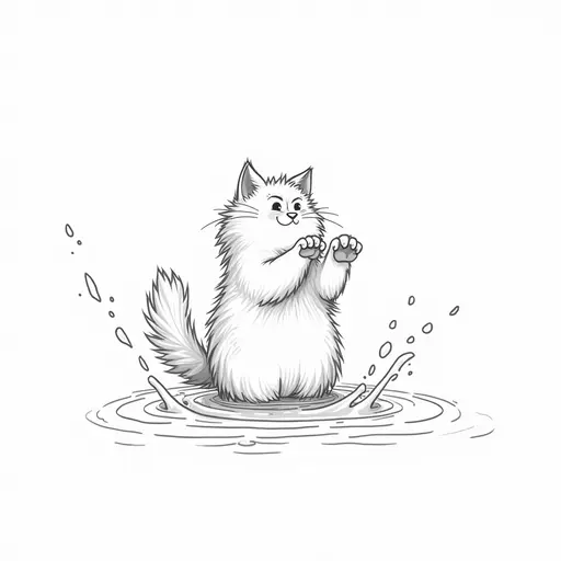 clean pencial outline sketch of A norwegian forest cat playfully splashing water with its paws, showing a mischievous expression.